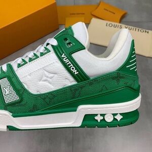 Louis Vuitton White and Green LV Trainer Sneaker
